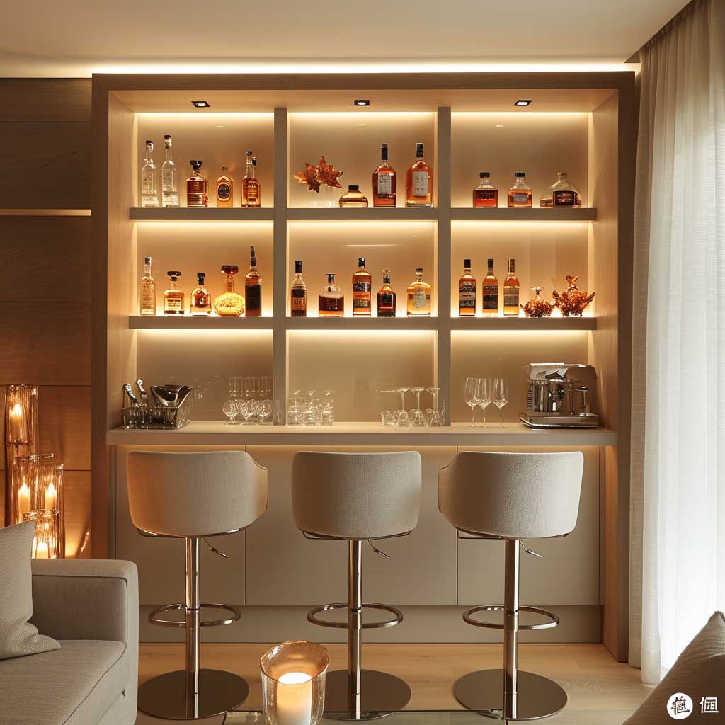 A chic and sophisticated living room corner transformed into a mini bar setup, complete with elegant bar stools, shelves stocked with spirits and glassware, and ambient lighting, ideal for entertaining guests.