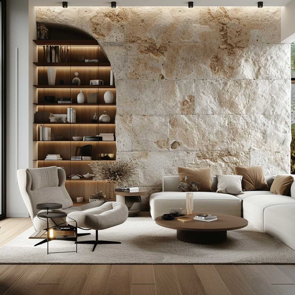 A sophisticated living room interior boasting refined stone wall cladding that adds texture and depth, complemented by luxurious furnishings and a harmonious color scheme.
