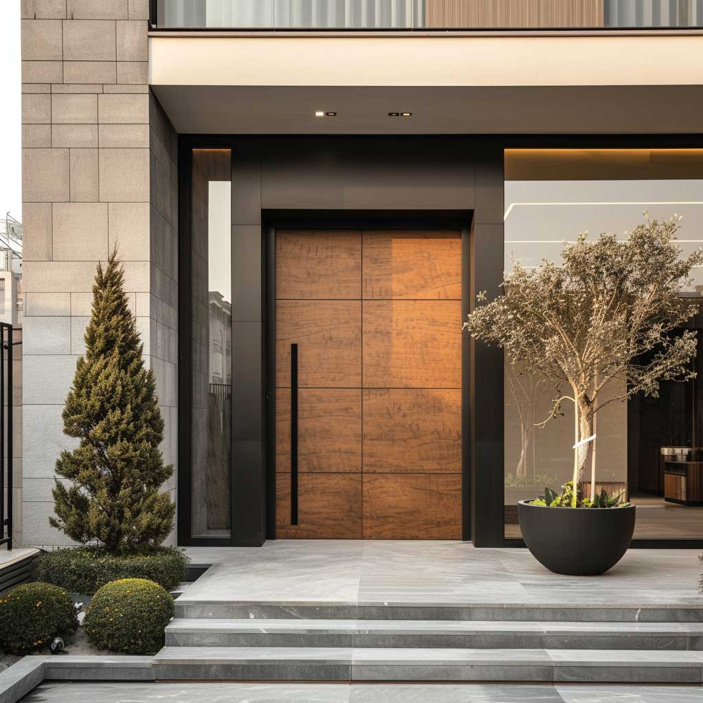 A sleek and elegant door design, embodying modern aesthetics for a home's main entrance. The door should feature clean lines, a minimalist approach, and a harmonious blend of glass and wood, set in a contemporary house facade.