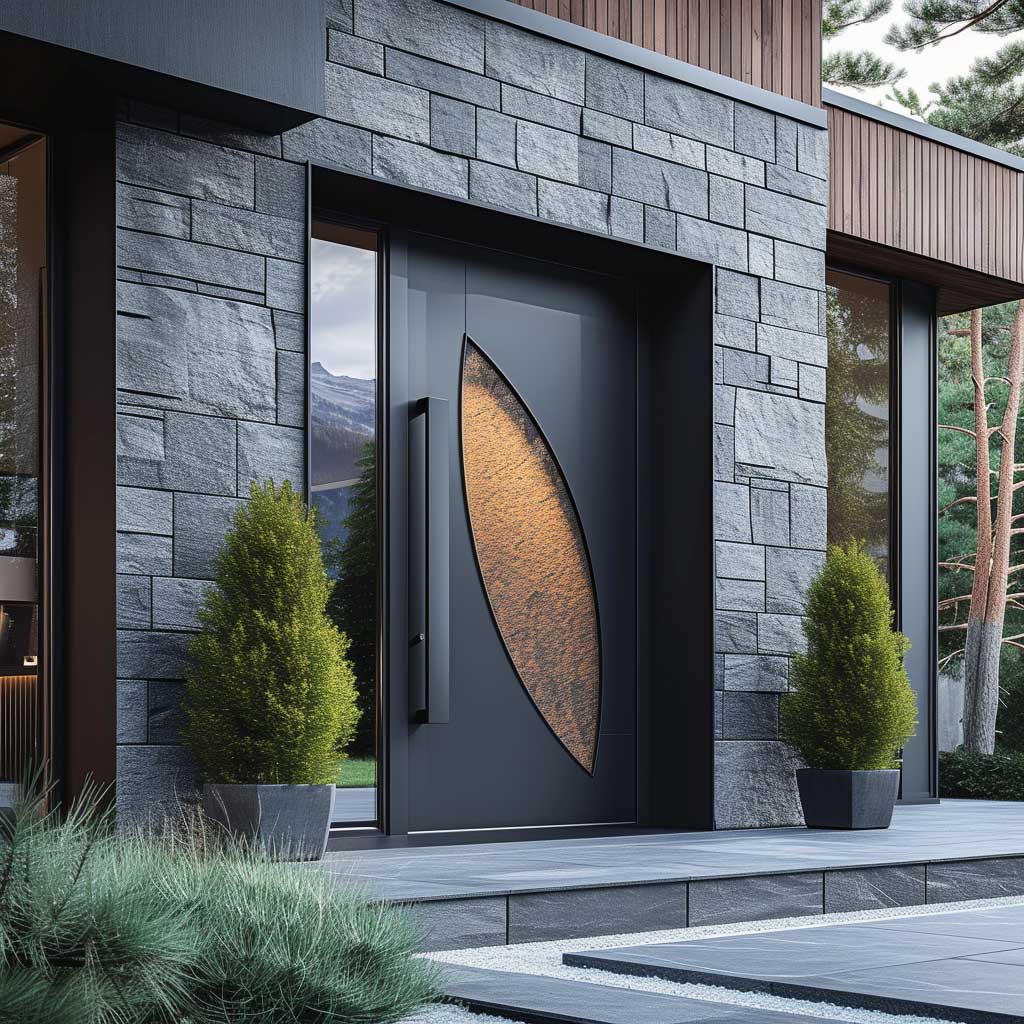 Showcase an innovative modern door design for a main entrance, incorporating advanced materials like high-tech composites or metal. The door should have a unique, futuristic look with smart features, set against a stylish, modern home exterior.