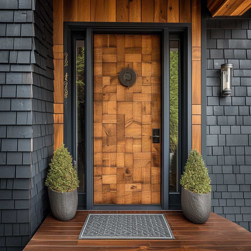A door that beautifully fuses traditional elements with modern design for a main entrance. The door should exhibit a blend of classic woodwork with modern textures and colors, complemented by contemporary house surroundings.
