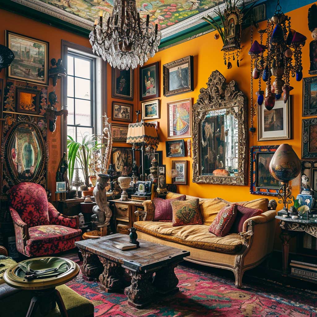 An eclectic maximalist living room showcasing a collection of unique antiques, from vintage furniture to ornate mirrors, blended with modern color schemes and vibrant textiles.