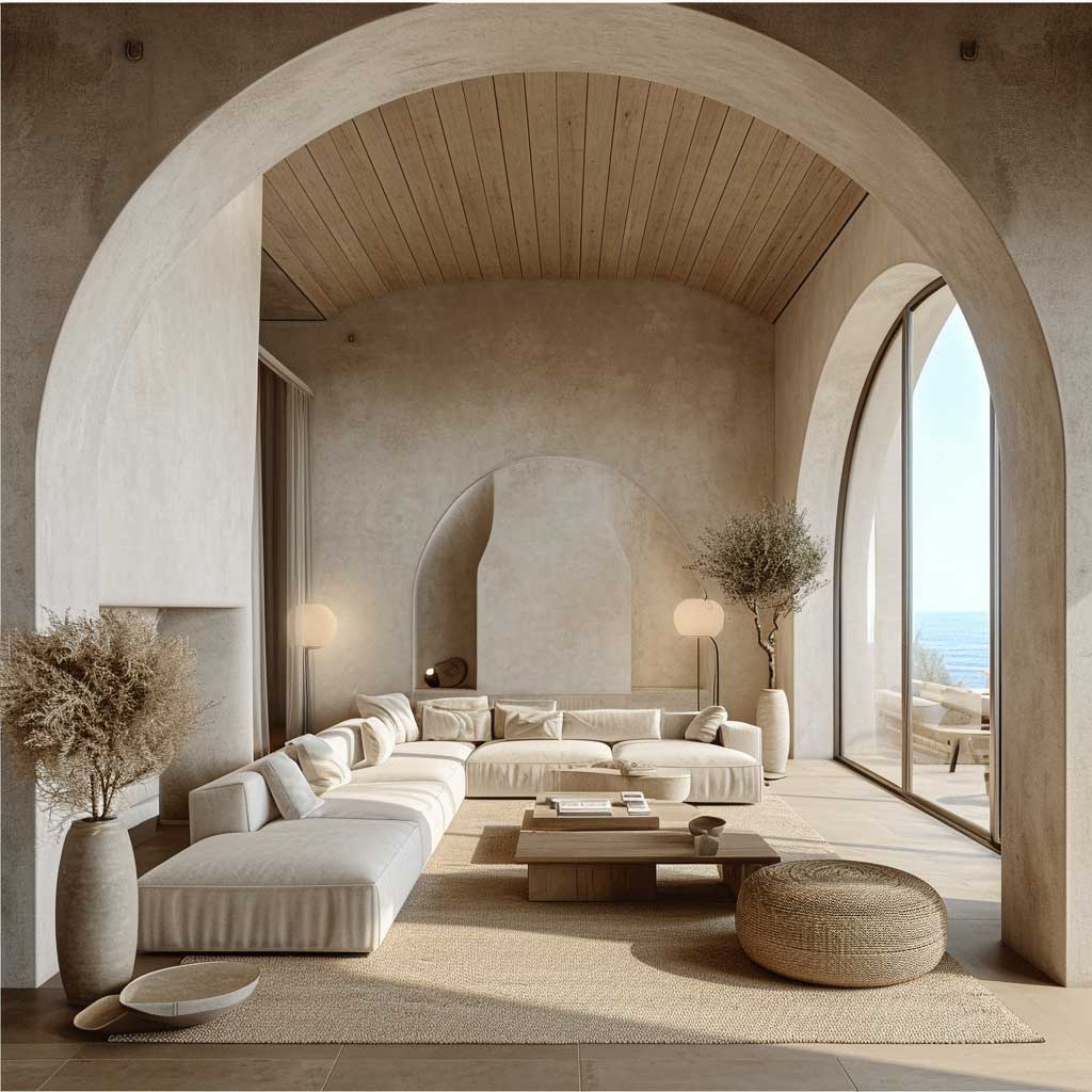 Envision a living room that exemplifies Mediterranean minimalist interior design. The space should feature light, airy colors reminiscent of the sea and sky, with minimalistic furniture that emphasizes clean lines and functionality. Natural light plays a key role, bathing the room in a warm, welcoming glow.