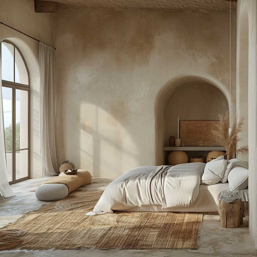 Imagine a bedroom that captures the essence of Mediterranean minimalist interior design. This tranquil space combines minimalist furniture with a soft, natural color scheme. The use of textiles and decor inspired by the Mediterranean adds a touch of cultural richness, while the overall design remains clean and understated.