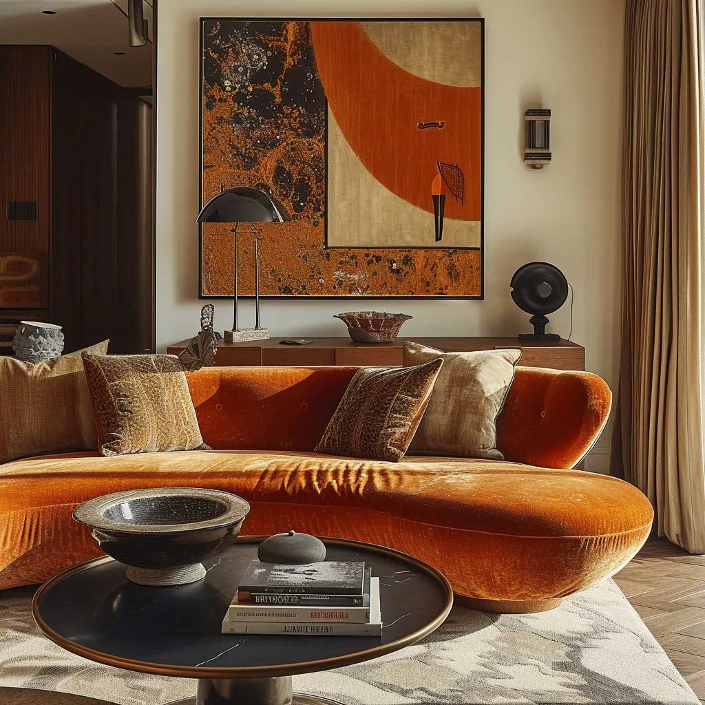 A sophisticated mid-century modern eclectic living room, combining timeless furniture styles with eclectic decorative pieces, resulting in a richly layered and inviting interior.