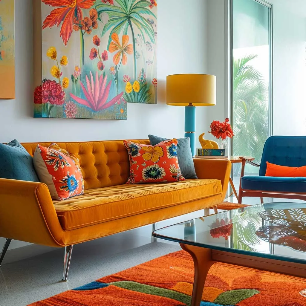 An eclectic living room with vibrant mid-century modern influences, displaying a colorful mix of retro furnishings and contemporary art pieces, creating a lively and inviting space.