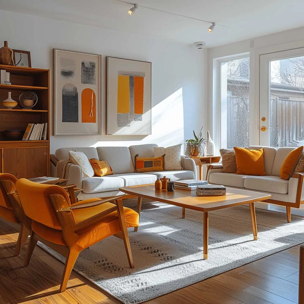 A mid-century modern eclectic living room showcasing a blend of retro chic and contemporary elegance, featuring vintage furniture with modern decor accents in a harmonious and stylish layout.