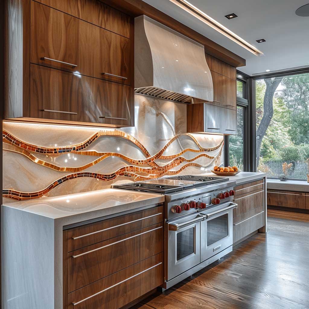 Image depicting a modern kitchen with art nouveau inspired design elements, including curved cabinets, nature-inspired backsplash patterns, and sleek, contemporary appliances, merging functionality with aesthetic appeal.
