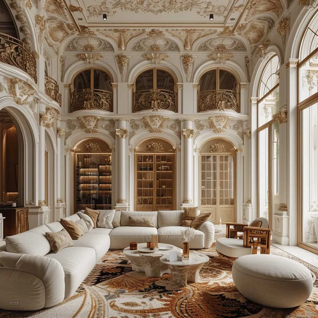 A spacious living room showcasing modern baroque interior design, featuring ornate furniture, rich textures, and a blend of contemporary and classic decor elements in a luxurious setting.