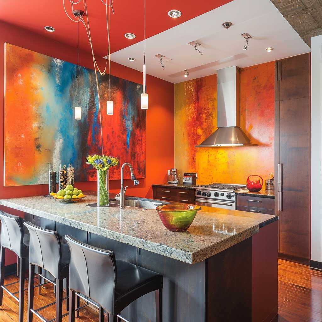 A modern kitchen where the walls are a canvas of vibrant colors and diverse textures, blending contemporary design elements for an eye-catching and functional space.