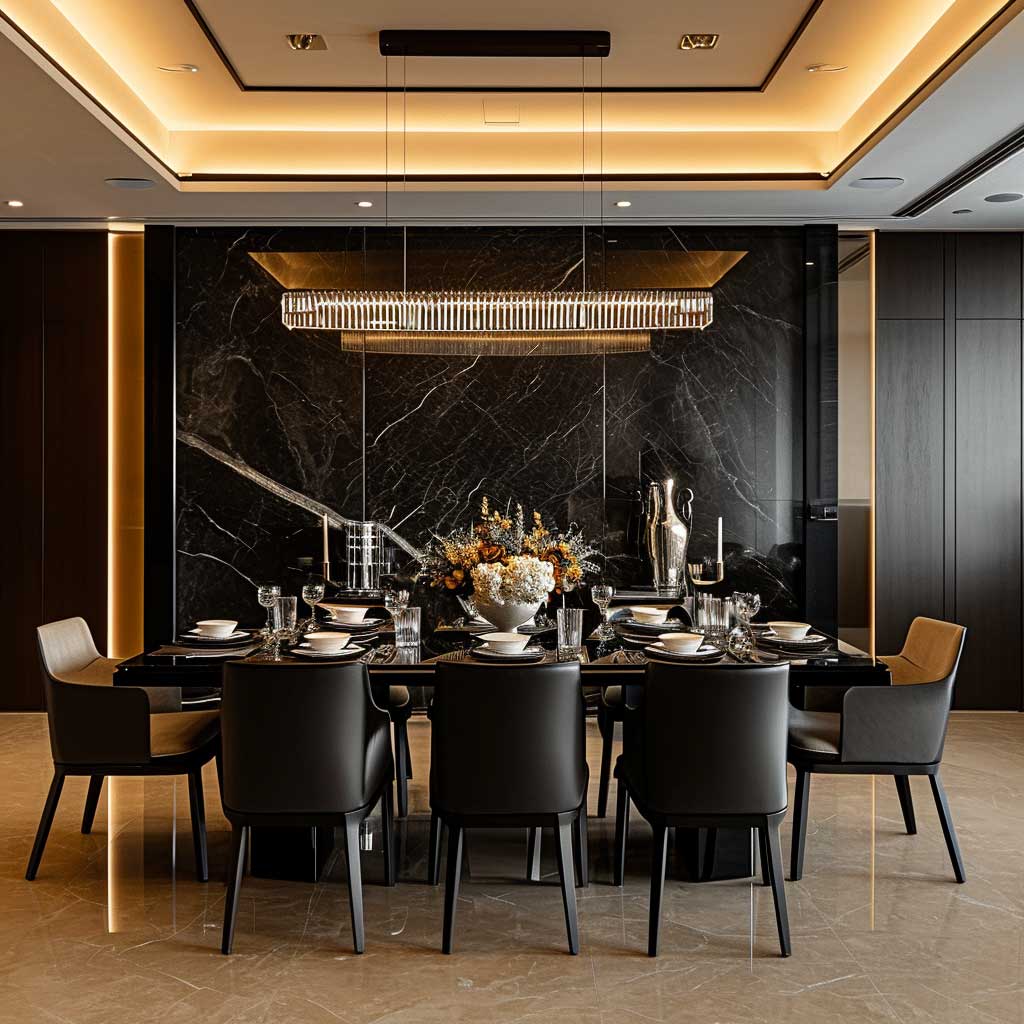 Picture an elegant dining area where a modern LED panel design adds sophistication. The image should capture the panel's role in creating a warm and inviting dining atmosphere, seamlessly integrating with the room's chic style.