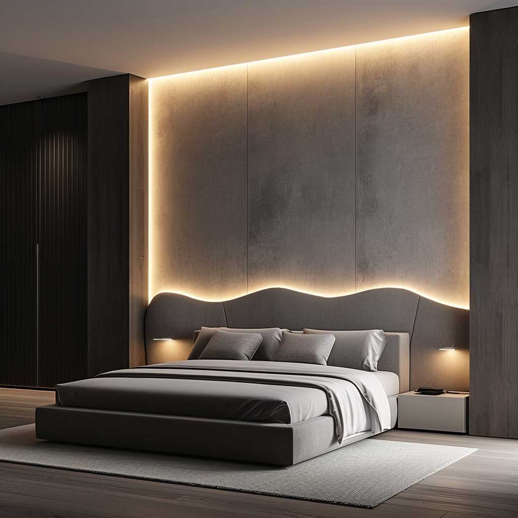 Visualize a sleek and modern bedroom featuring a unique LED panel design. The image should show how the LED panel enhances the room's ambiance with soft, diffused light, blending seamlessly with the contemporary decor.