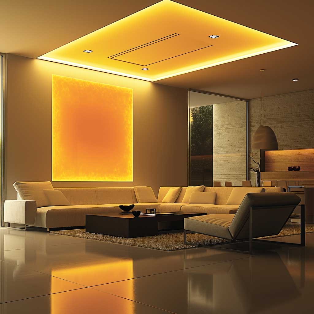 Create an image of a stylish living room that incorporates an innovative modern LED panel design. Highlight how the LED panel serves as a focal point, complementing the room's modern furnishings and color scheme.