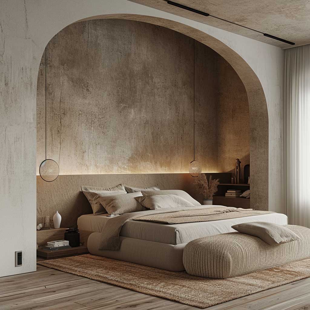 A bedroom design that captures the essence of modernist poetry. The room includes a minimalist layout with symbolic decor elements, soft, muted color palettes, and textured fabrics, creating a space that mirrors the subtlety and depth of poetic expression.