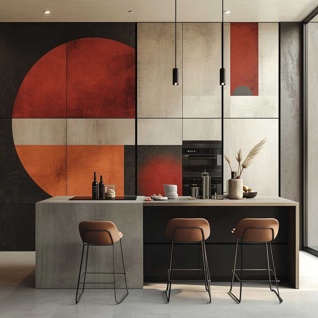 A kitchen interior reflecting modernist poetry themes. The design features clean lines, functional geometric shapes, and a contrast of light and dark hues, embodying the rhythmic and structured aspects of modernist poetic form.