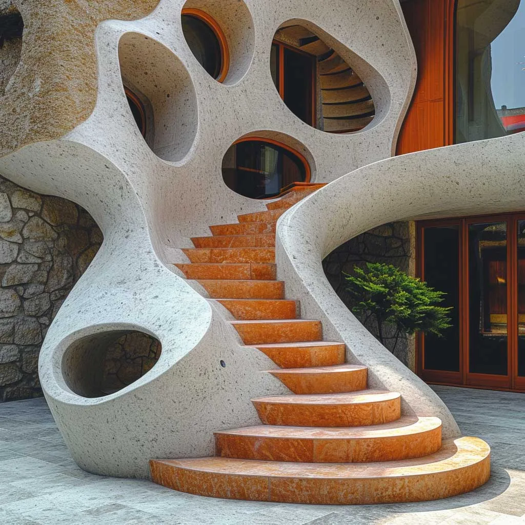 Imagine a set of outside entrance stairs that doubles as a piece of art. This stairway should integrate artistic elements, unconventional shapes, or unique materials, showcasing how stair design can be both functional and a form of creative expression.