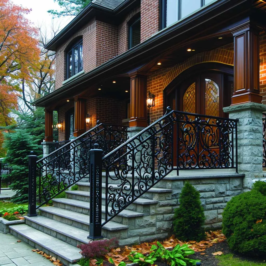 Envision an outside entrance staircase that embraces traditional elegance. The design should incorporate classic materials like wood or stone, with ornate railings and a design that complements a more traditional or historical home facade.