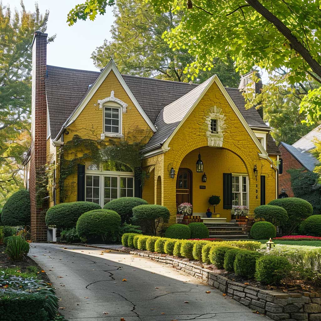 A cozy brick house with its exterior painted in a sunny yellow hue, complemented by white trim and natural green landscaping, offering a cheerful and welcoming facade.