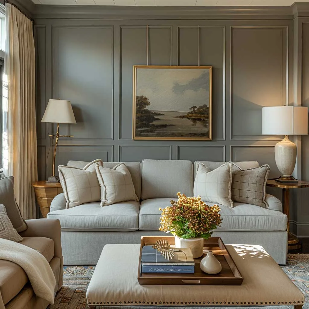 A living room showcasing a modern twist on traditional paneling, featuring panels freshly painted in contemporary shades, complemented by modern decor and natural lighting.