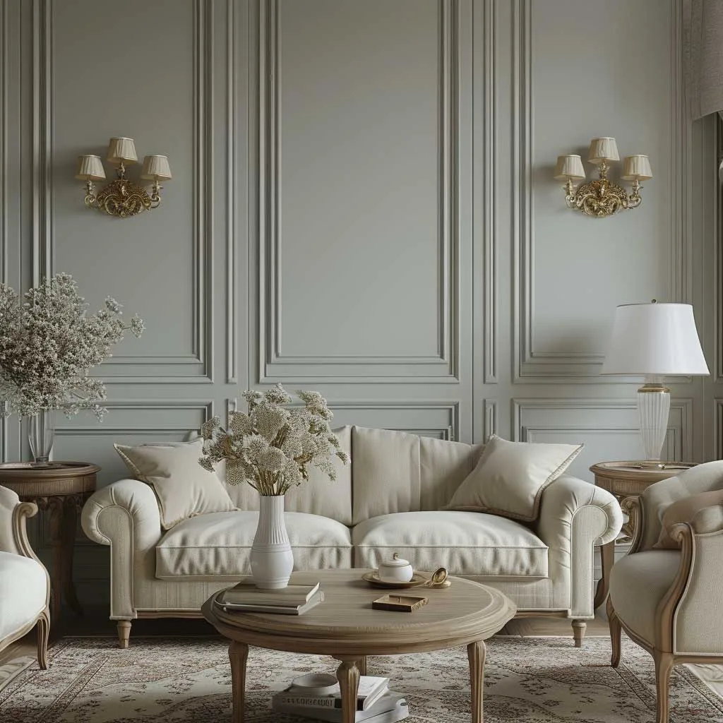 An interior space exuding classic elegance, with softly painted wood paneling in pastel tones, creating a serene and sophisticated atmosphere, accented by classic furniture.