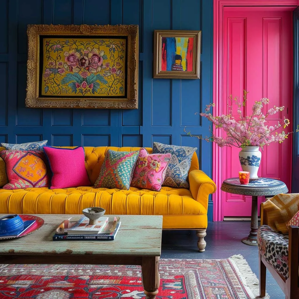 A room that combines eclectic style with boldly painted paneling, featuring bright and contrasting colors on panels, paired with eclectic furniture and decor for a vibrant look.