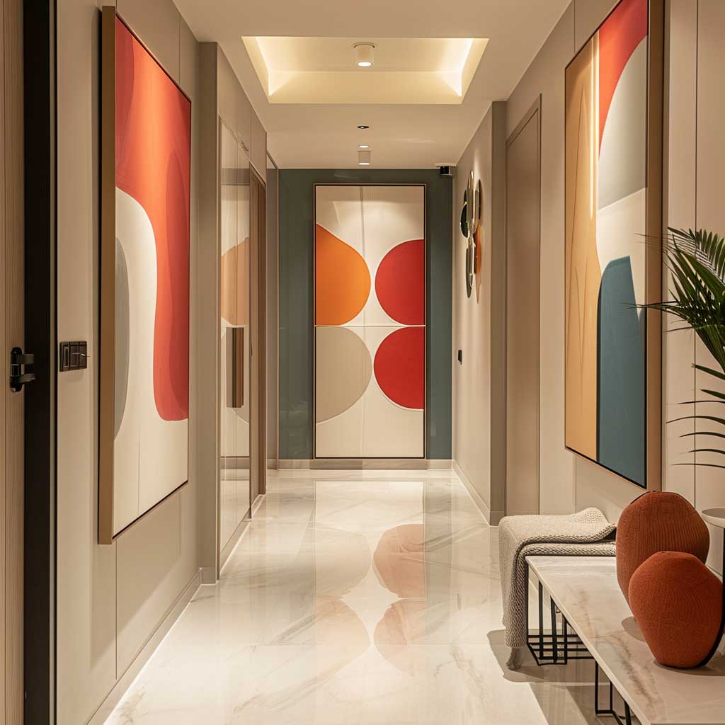 A hallway elegantly transformed with minimalist pop art designs, featuring soft color palettes and geometric shapes, in a modern, well-lit space.