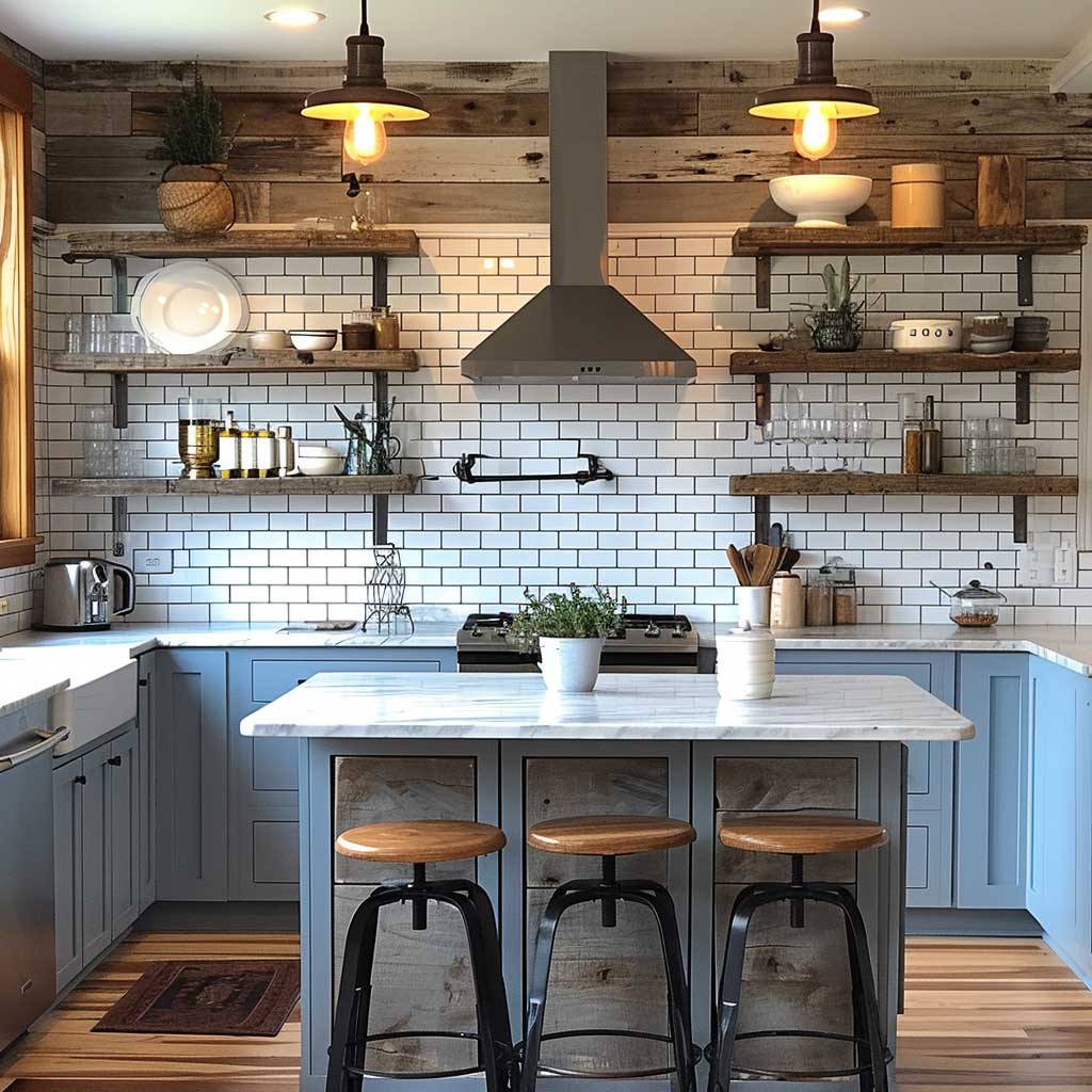 Visualize a kitchen showcasing affordable remodel ideas, featuring upcycled cabinets, a DIY tile backsplash, and budget-friendly lighting solutions.