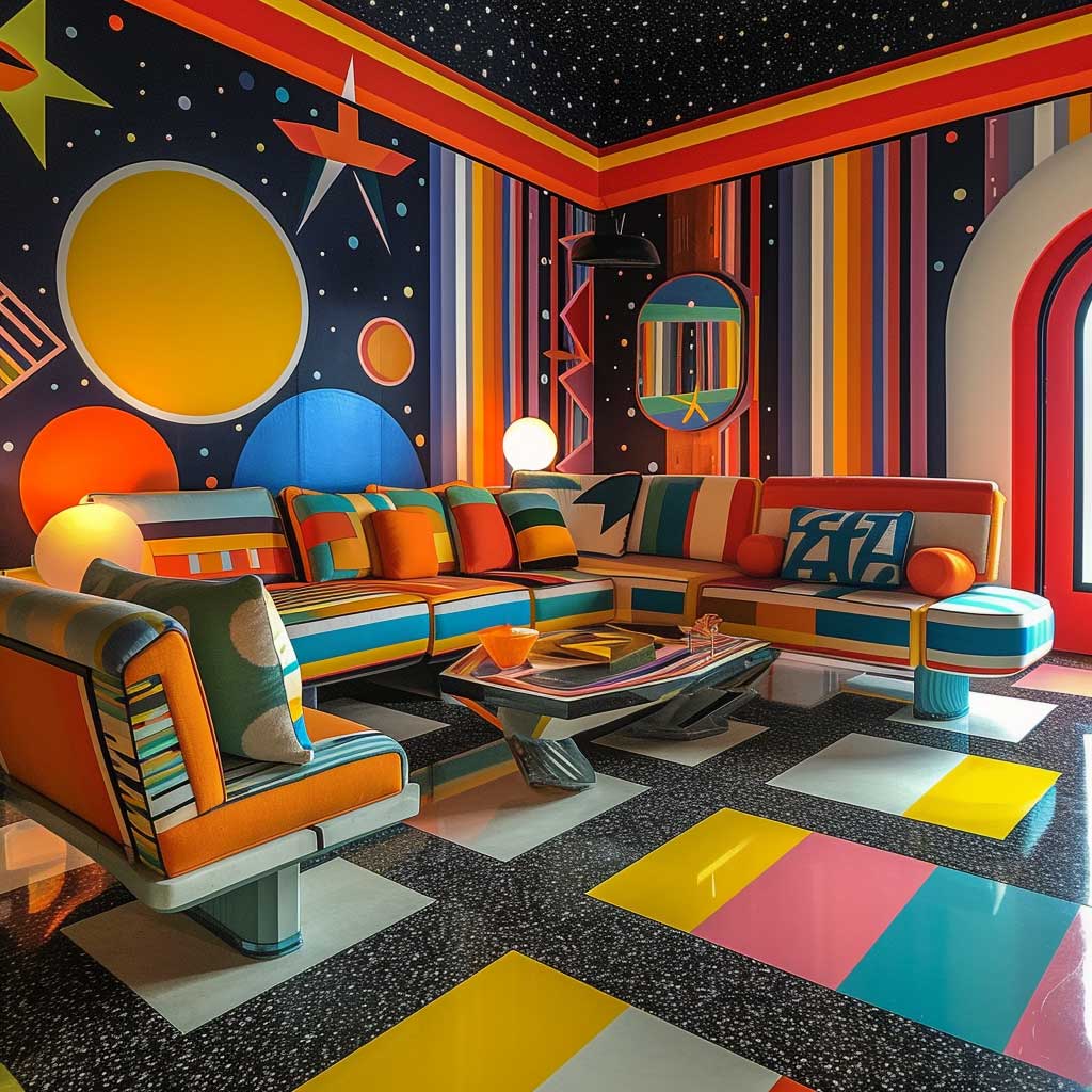 A living room designed in a retro futurism style, featuring mid-century modern furniture with futuristic accents, geometric patterns, metallic finishes, and vibrant colors, all combined to create a timeless and inviting space.