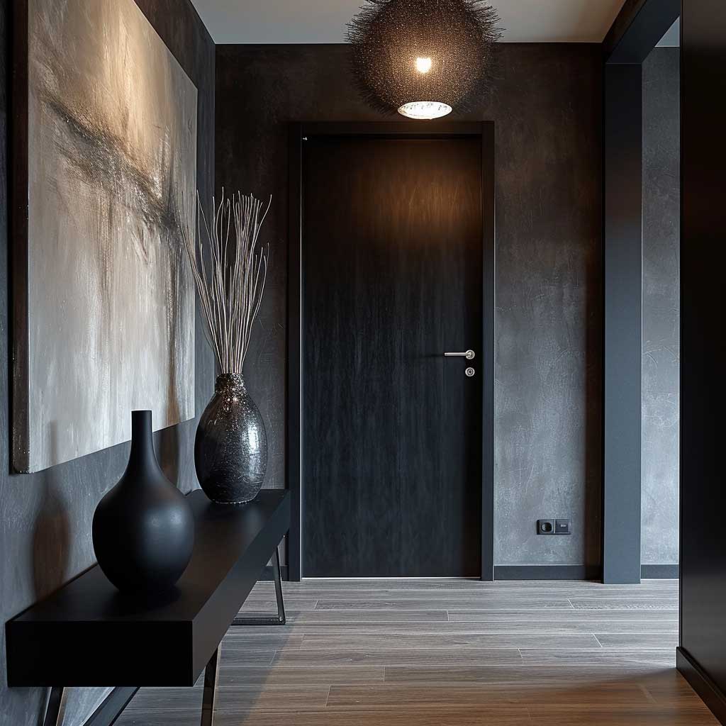 A contemporary hall interior featuring a simple yet chic pop design, showcasing a monochromatic color scheme, streamlined furniture, and a statement lighting piece for a modern touch.