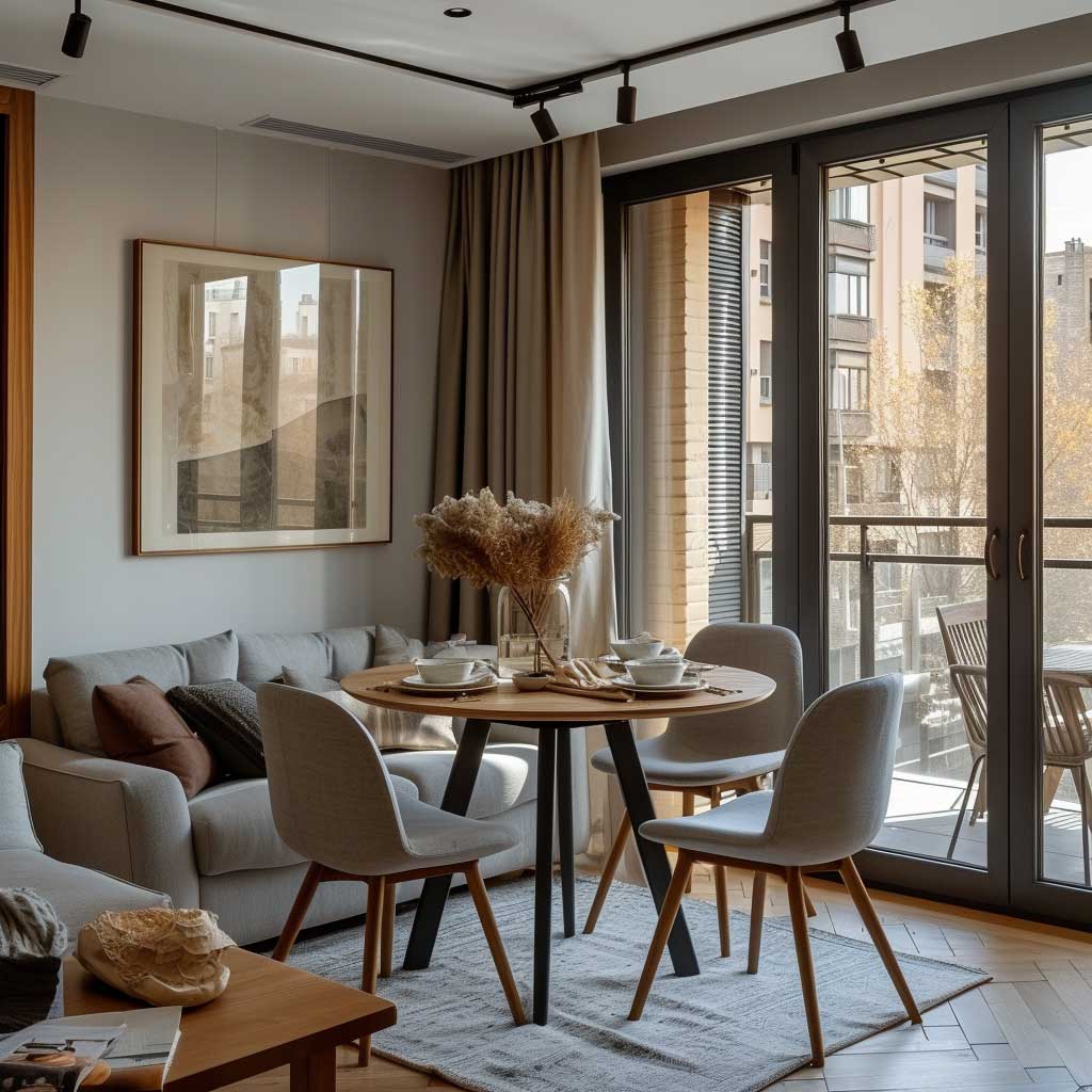 A chic, cozy dining area seamlessly integrated into a small living room. The photo depicts a compact yet fashionable dining table, flanked by stylish chairs and adorned with tasteful decor, demonstrating how a small space can be both functional and aesthetically pleasing.