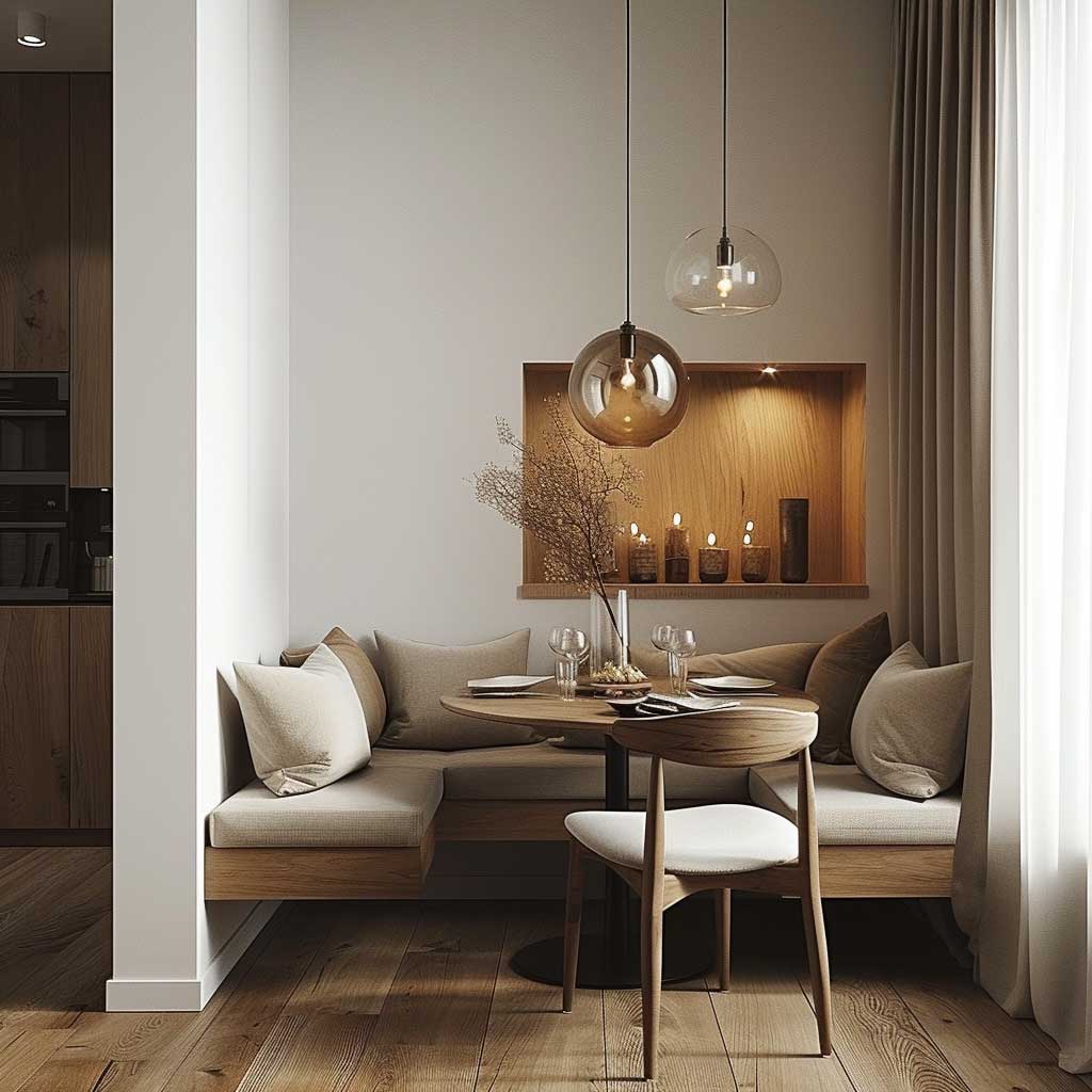 A stylish and space-efficient corner dining setup in a small living room. The scene shows a sleek, compact dining table neatly tucked into a corner, complemented by minimalist chairs and soft, ambient lighting to create a warm, inviting atmosphere.