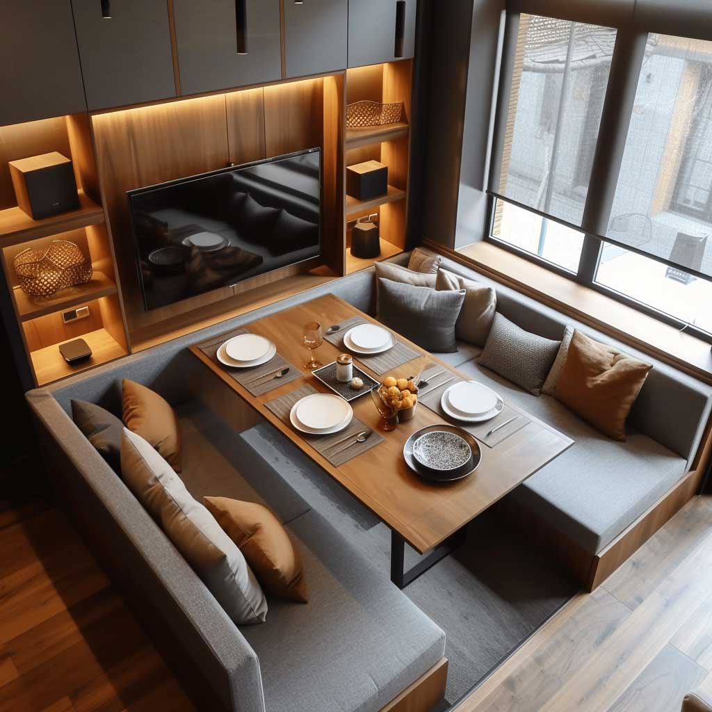 An innovative small living room layout featuring a multifunctional dining table that doubles as a workspace. The image highlights the clever use of space, with a dining table strategically placed to serve multiple purposes, surrounded by comfortable, space-saving seating options.