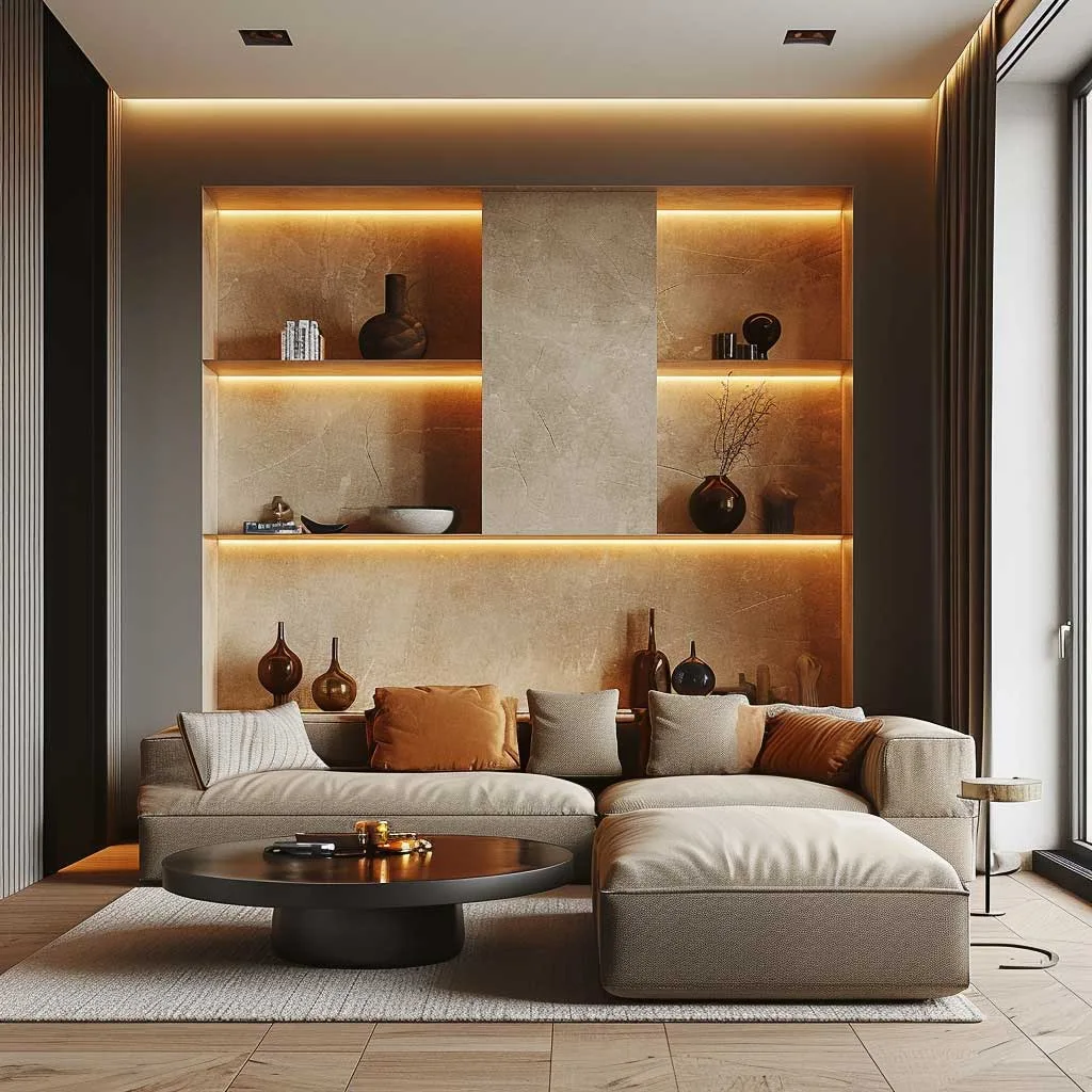 An elegantly designed living room focusing on a sofa back wall adorned with sleek, floating shelves. These shelves are subtly illuminated with LED lighting, showcasing decorative items and books. The overall look is modern, clean, and seamlessly integrates functionality with style.
