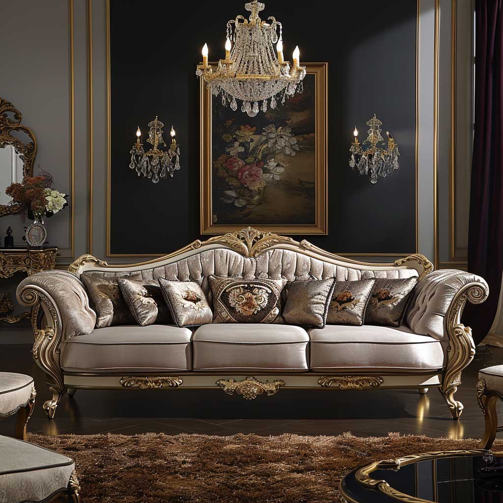 Envision a luxurious and comfortable sofa set in a drawing room setting. The design should feature plush upholstery, elegant detailing, and a color scheme that exudes sophistication, perfectly blending luxury with comfort.
