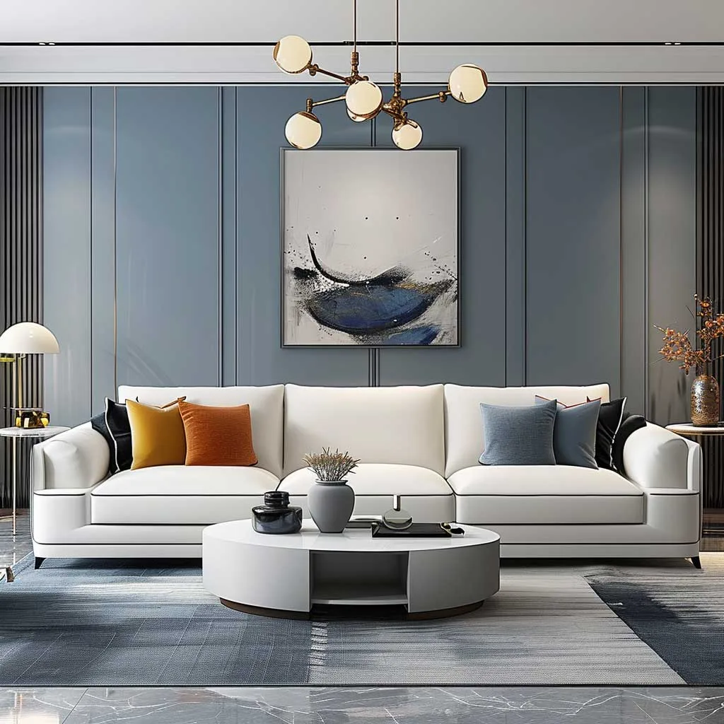 Imagine a drawing room with a contemporary chic sofa set. The design should emphasize modern aesthetics, featuring sleek lines, innovative materials, and a color palette that complements a contemporary drawing room.