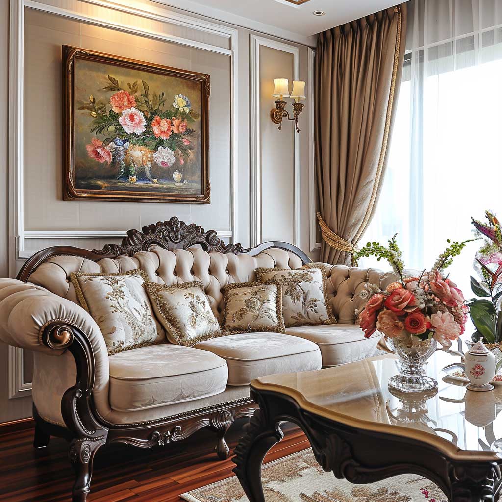 Depict a drawing room that radiates vintage charm with its sofa set design. The image should capture a sofa set with a retro feel, incorporating elements like tufted upholstery, classic patterns, and a color scheme that reflects a bygone era.