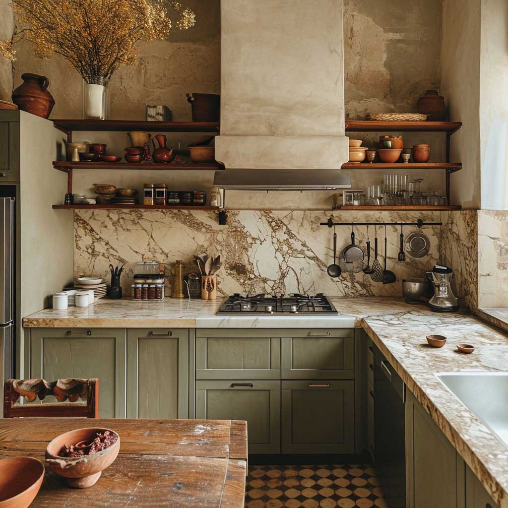 A photo of a kitchen in an urban apartment where rustic Mediterranean aesthetics meet modern design. The kitchen includes olive green cabinets, marble countertops, open wooden shelving, and terracotta pottery, complemented by modern stainless steel appliances.
