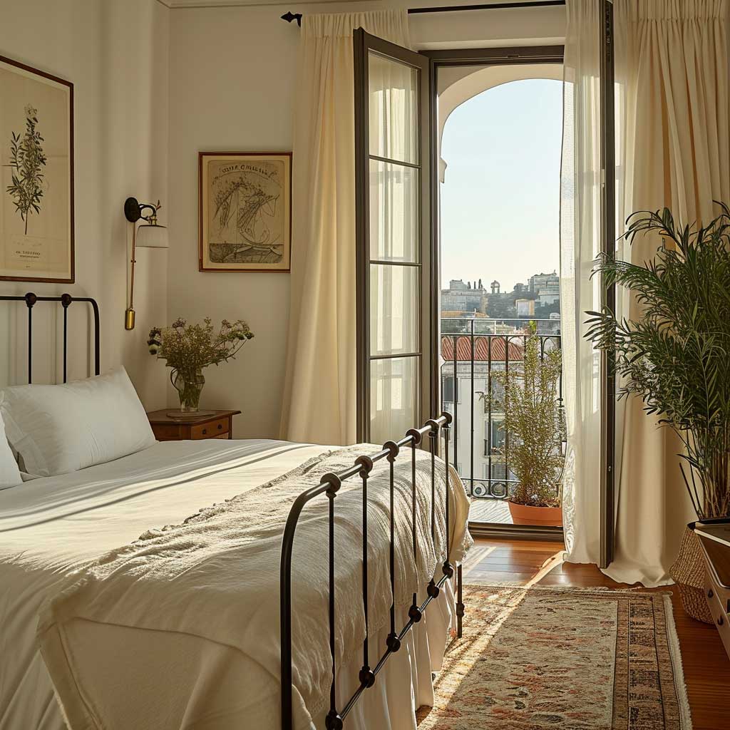An image of a serene, Mediterranean-style bedroom in an urban setting. The bedroom features a wrought iron bed frame, crisp white linens, walls adorned with Mediterranean art, and a balcony overlooking the city, with plants and soft lighting creating a peaceful ambiance.