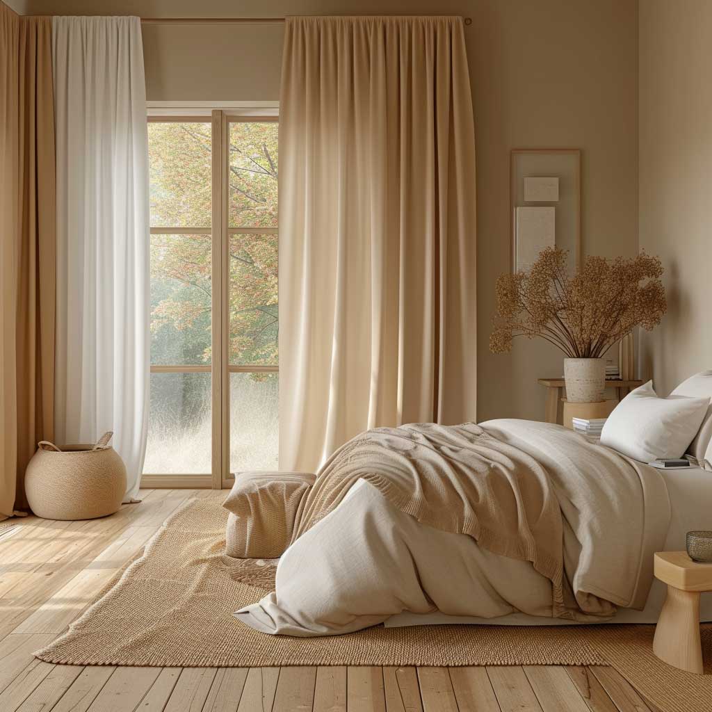 A gentle and serene bedroom with soft peach wall colours, complemented by light, airy curtains and cozy, neutral-toned bedding for a peaceful rest.