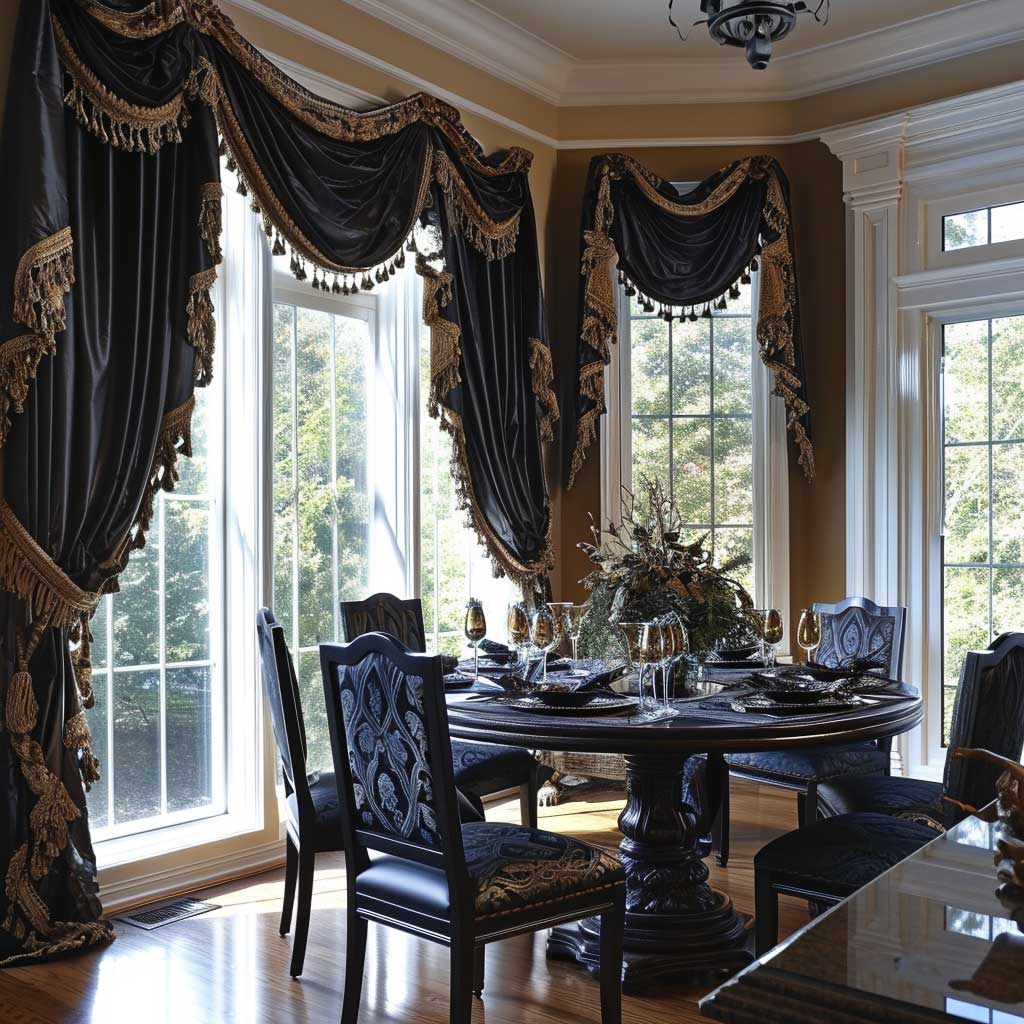 An elegant dining room that perfectly blends traditional decor with timeless window treatments for bay windows. The focus is on opulent draperies in a rich, deep color, complemented by classic tie-backs that add a touch of sophistication. The overall effect is one of luxury and timeless elegance, enhancing the dining experience.