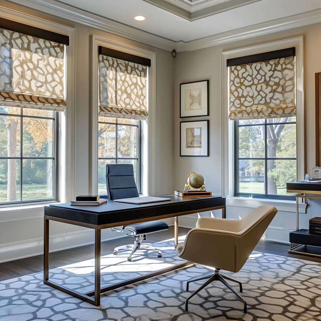 A modern home office featuring contemporary window treatments for bay windows. The photo displays sleek, geometric-patterned roller blinds that offer both style and practicality. The blinds' colors and patterns are in sync with the room's minimalist decor, emphasizing a clean and sophisticated aesthetic.