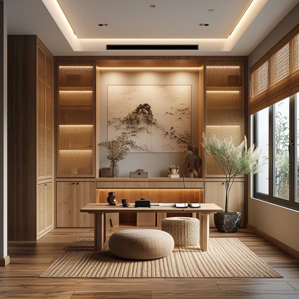 A home office space designed with Zen style aesthetics, focusing on a tranquil and productive environment. The room should incorporate elements like bamboo, natural light, and uncluttered surfaces, embodying a calm and focused atmosphere.