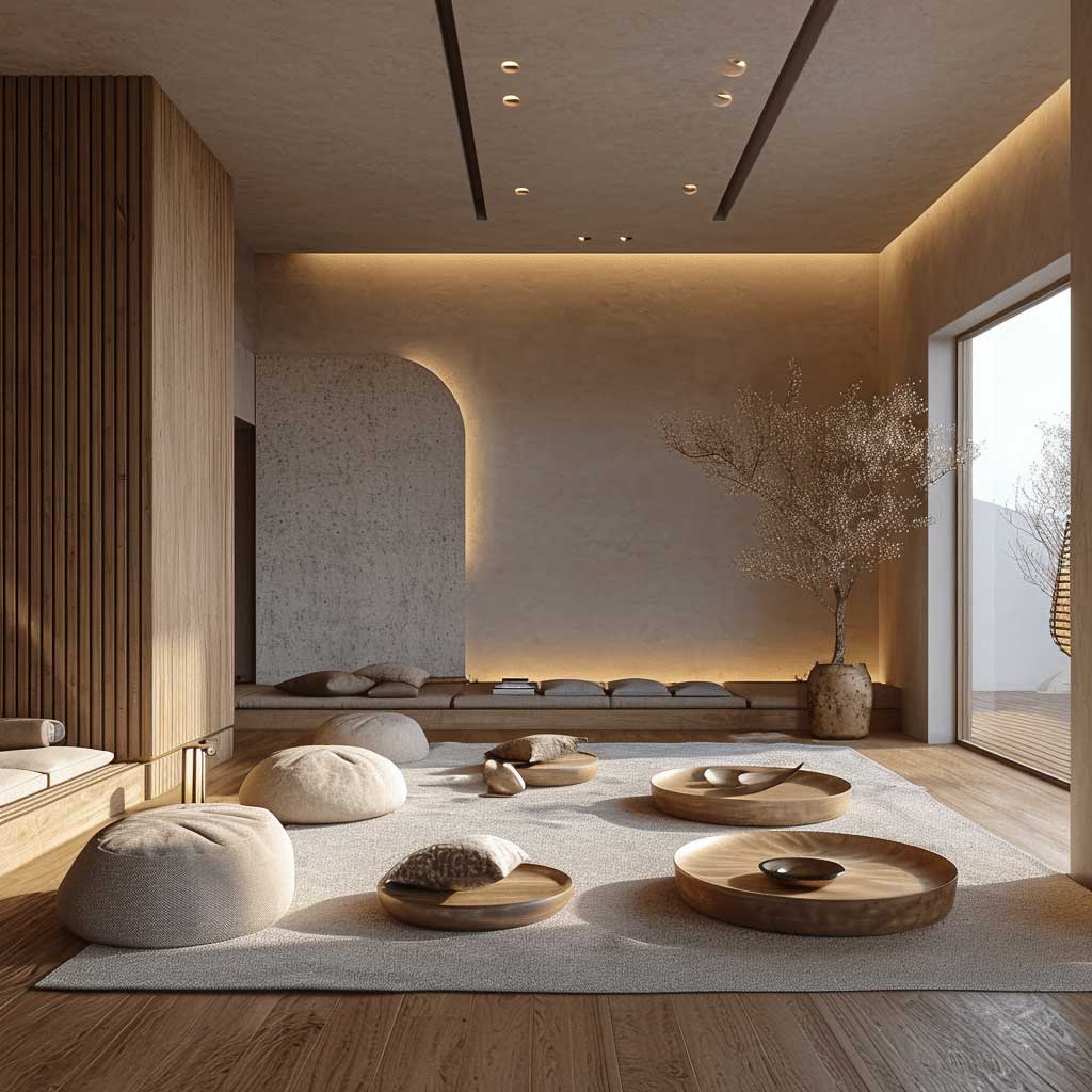 A serene and elegantly minimalist living room reflecting Zen style interior design. This space should feature natural materials, neutral color palettes, and an open, clutter-free layout that promotes peace and tranquility.