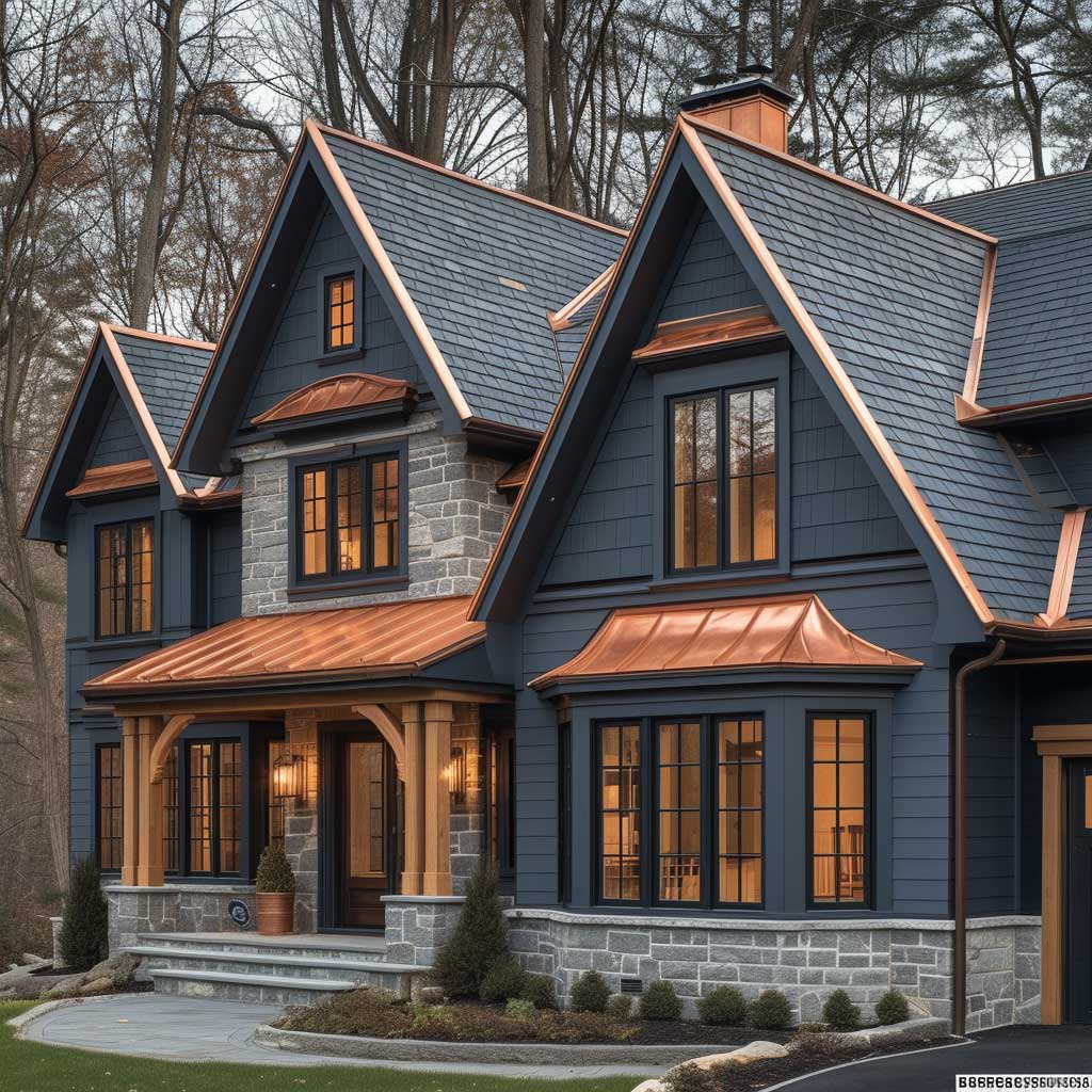 Capture a scene where a classic home's textured facade features rustic copper and slate grey. Focus on the intricate details like copper gutters and trim against slate grey siding, set against a backdrop of mature trees. Illustrate the interplay of light and shadow on the different textures, showcasing the dynamic and harmonious effect of this colour combination.