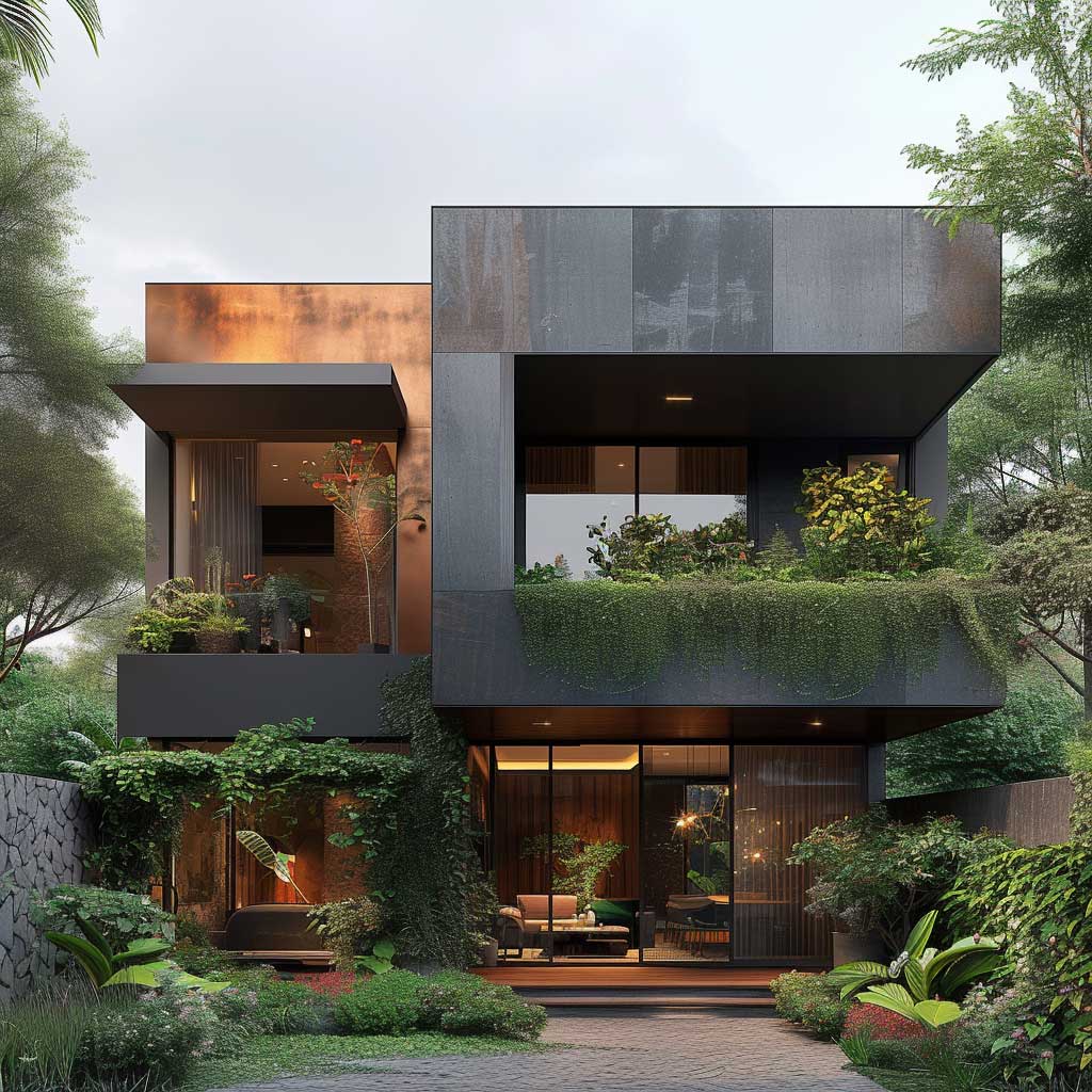 Visualize a classic house showcasing a facade with rustic copper accents and slate grey base. The house, nestled in a lush garden, reflects a blend of timeless design with modern touches. Emphasize the natural patina of copper elements and the subtle sophistication of slate grey, highlighting how these colours complement each other and the greenery around.