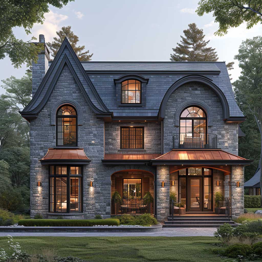 Depict a classic house that exudes refined rusticity through its colour combination of rustic copper and slate grey. The image should emphasize the house's architectural details, such as the copper roof aging gracefully over time and the slate grey stone cladding, against a setting that enhances the house’s elegant yet earthy appeal.