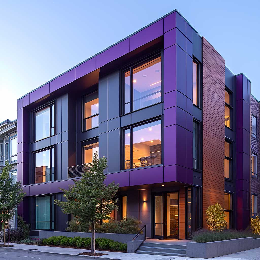 Showcase a modern commercial building utilizing a striking mix of deep plum and silvery gray on its exterior. Emphasize the building's innovative design, geometric shapes, and how the sophisticated color palette commands attention in a bustling urban environment.