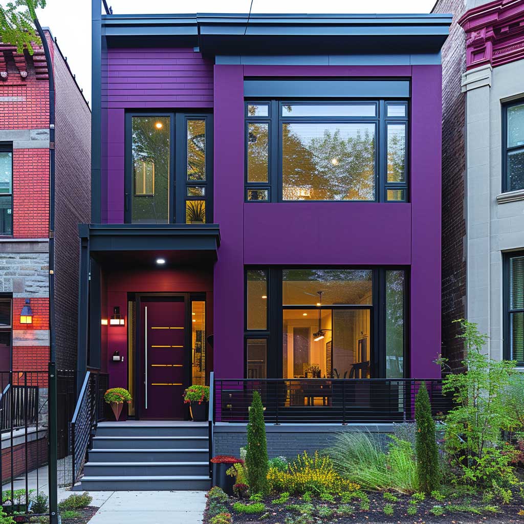 Capture an urban home's facade featuring a sophisticated blend of deep plum and silvery gray exterior paints. Highlight the modern architectural elements, clean lines, and how the color combination enhances the home's curb appeal against a city backdrop.