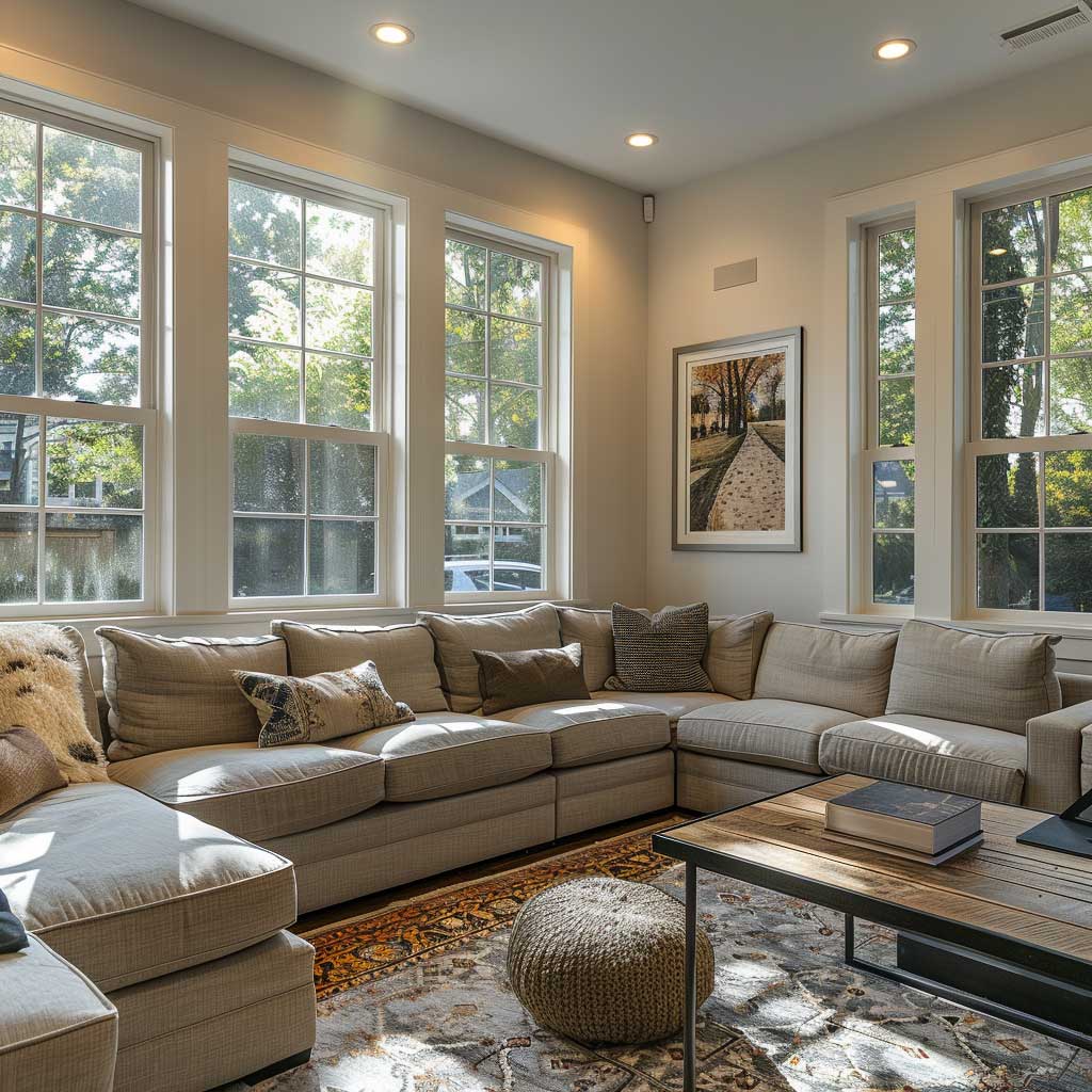 A serene and spacious family room addition, blending seamlessly with the original structure of a suburban home, bathed in natural light and designed for comfort and family gatherings, with large windows overlooking a lush backyard.