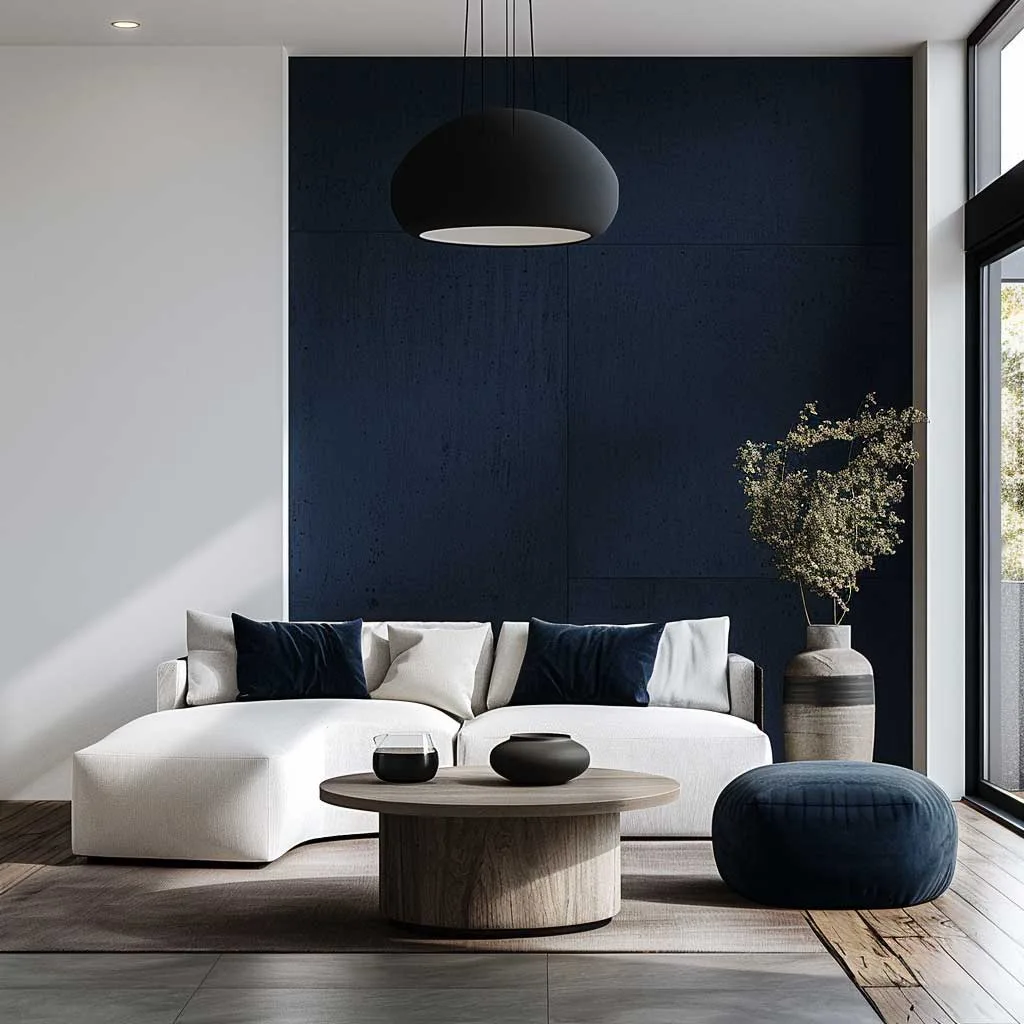 Imagine a living room that epitomizes elegant minimalism with a refined Asian paint color combination. The space is dominated by a palette of crisp white and deep navy blue, offering a modern take on classic elegance. Sleek, contemporary furniture and minimalistic decor underscore the sophisticated simplicity of the color scheme.